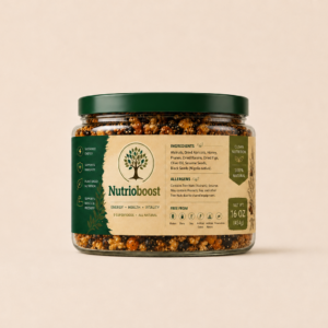 Original Nutrioboost 16 oz jar with cream label and forest-green lid