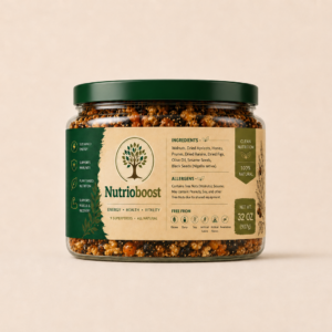 Original Nutrioboost 32 oz jar with cream label and forest-green lid