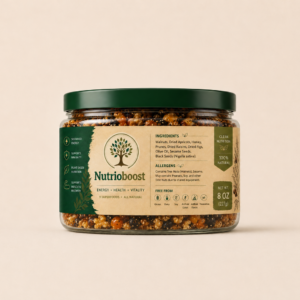 Original Nutrioboost 8 oz jar with cream label and forest-green lid